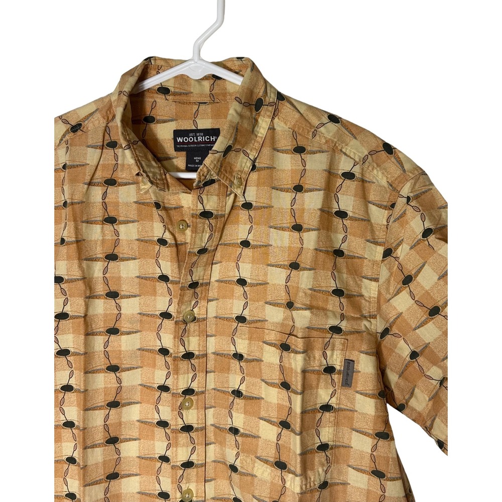 Woolrich Mens Medium Short Sleeve Button Down Shirt‎ Tan Orange Kayak Pattern